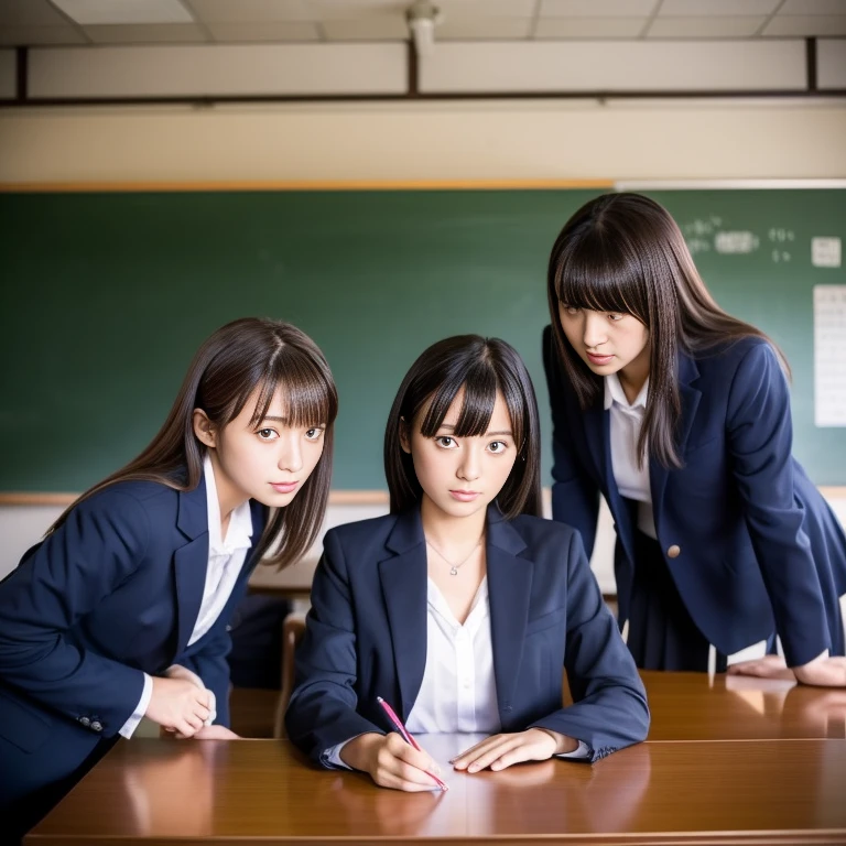 Three Japanese high school girls compete for one male teacher.。The woman is wearing a blazer..。Three women looking at a man。The man is wearing a suit and looks nervous...。Location: Staff room。