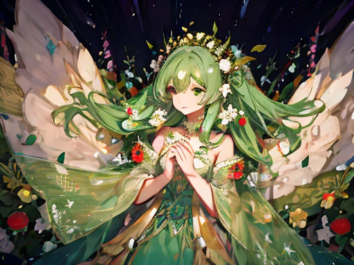 (((masterpiece))),(((bestquality))),((ultra-detailed)),(illustration),mother earth,graceful,goddess-like,three-quarter angle,nature background,green,nurturing hands,