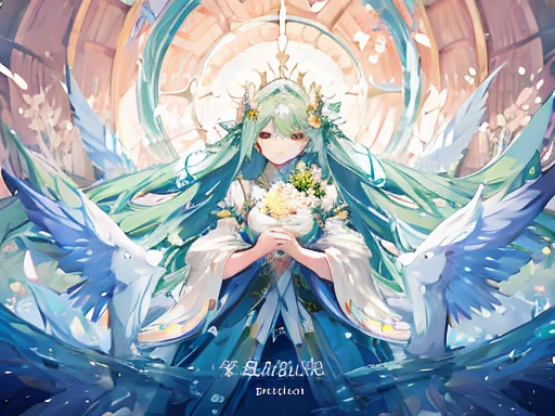 (((masterpiece))),(((bestquality))),((ultra-detailed)),(illustration),mother earth,graceful,goddess-like,three-quarter angle,nature background,green,nurturing hands,