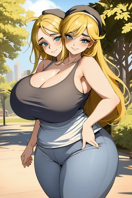 2heads, a short chubby woman with 2 heads. She has enormous . She is outside in a park. She is wearing a tight colorful tank top and leggings. She is wearing a hat. She has gigantic breastsas long blonde hair. She is sweating. She looks exhausted. She is smiling. She is blushing. She has enormous breasts. Her bare very circd round.