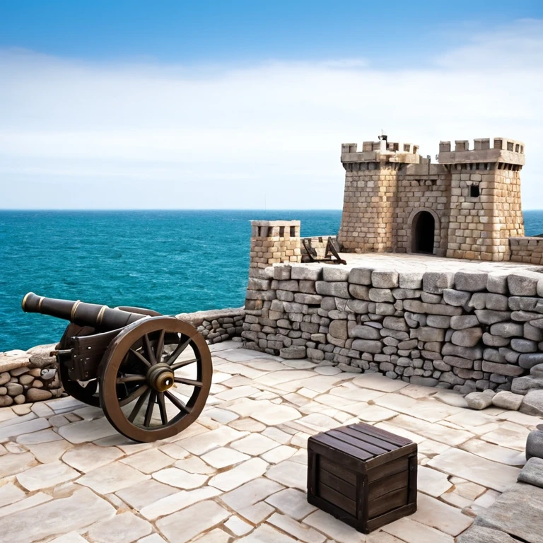 castle made of stones, made for combat, with cannons, facing the sea.