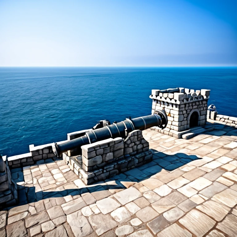 castle made of stones, made for combat, with cannons, facing the sea.