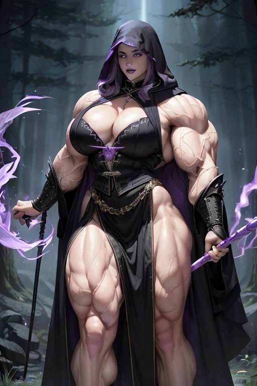 ((((Massive, tall, beautiful, buff, muscular pale white skinned woman mage with violet purple hair, black lipstick, ginormous bulky muscles, holding a thunder mage staff and wearing a beautiful hooded black enchanted robe with gothic armor and long beautiful skirt)))), (close view), massive muscles, massive biceps, hyper muscle shoulders, hyper muscle triceps, (long hair with long bangs), black eyes, (wearing an extremely intricate robes, magical robes), mage boots, beautiful skirt, smirk, black gauntlets, (in a crow filled Mystical forest), evening, Vascular arms, hyper vascular arm, hyper muscles arms, hyper muscle legs, massive arms.