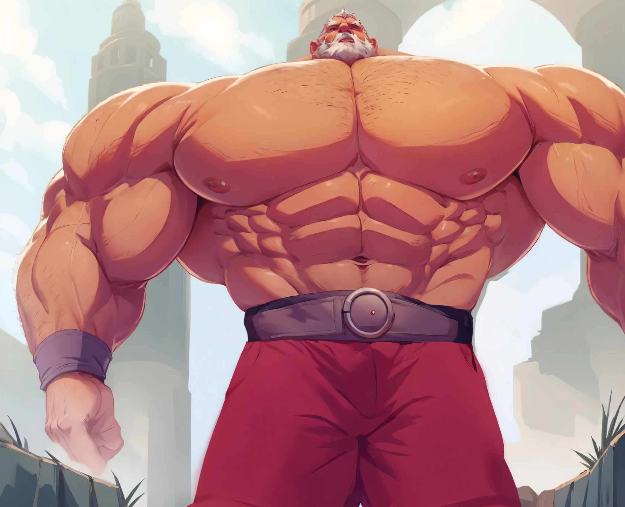 huge muscular old man, old man, massive muscle, wearing shorts