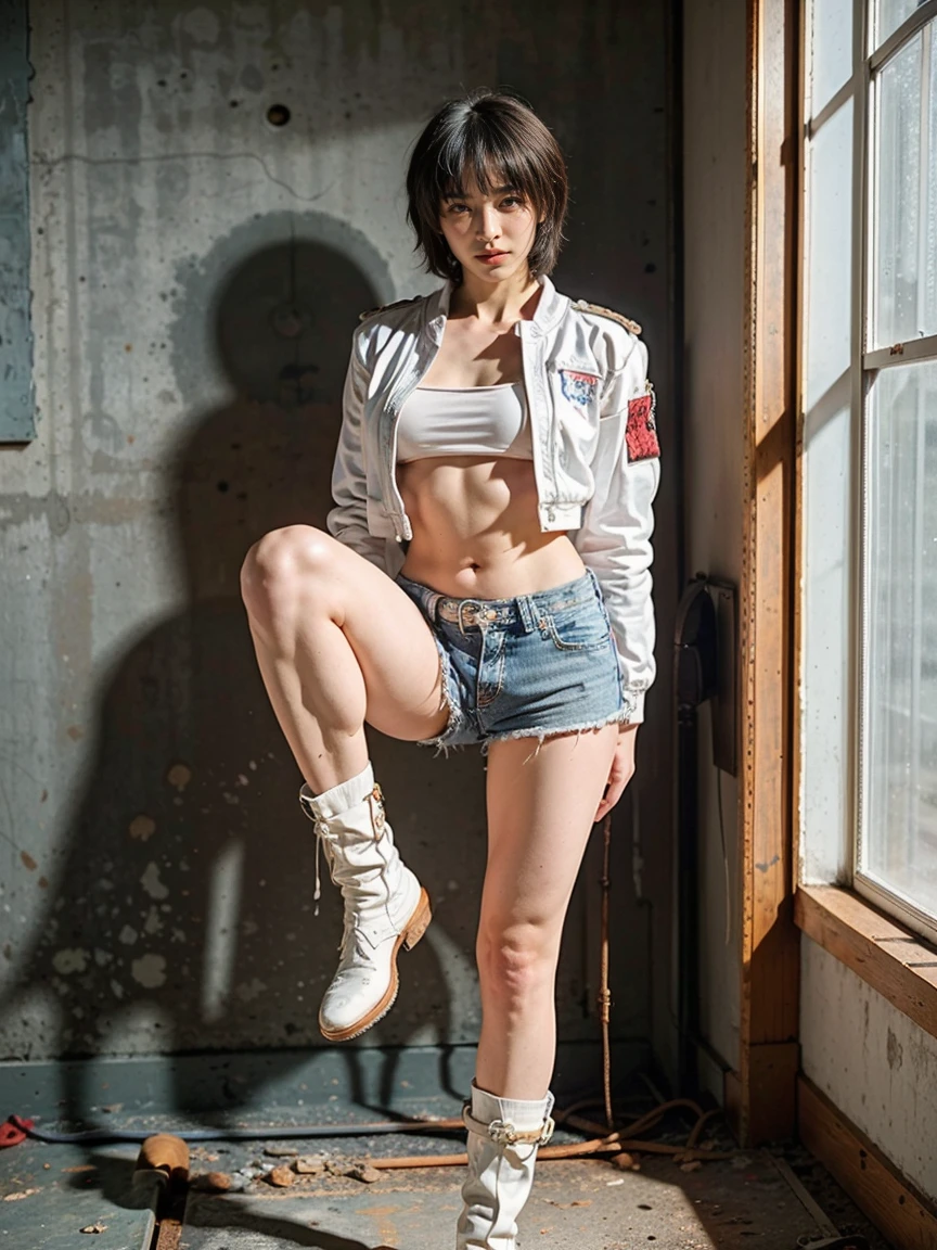 masterpiece,highest quality,High resolution,Full Body View,White jacket,Red innerwear,Belly button,Belted denim mini shorts,The heroine in white cowboy boots,Perfect Legs,Perfect Skin,Perfect Arms,Abdominal muscles,The background is an abandoned factory, short hair, naked portrait, nude photography, shiny nipple, show armpit