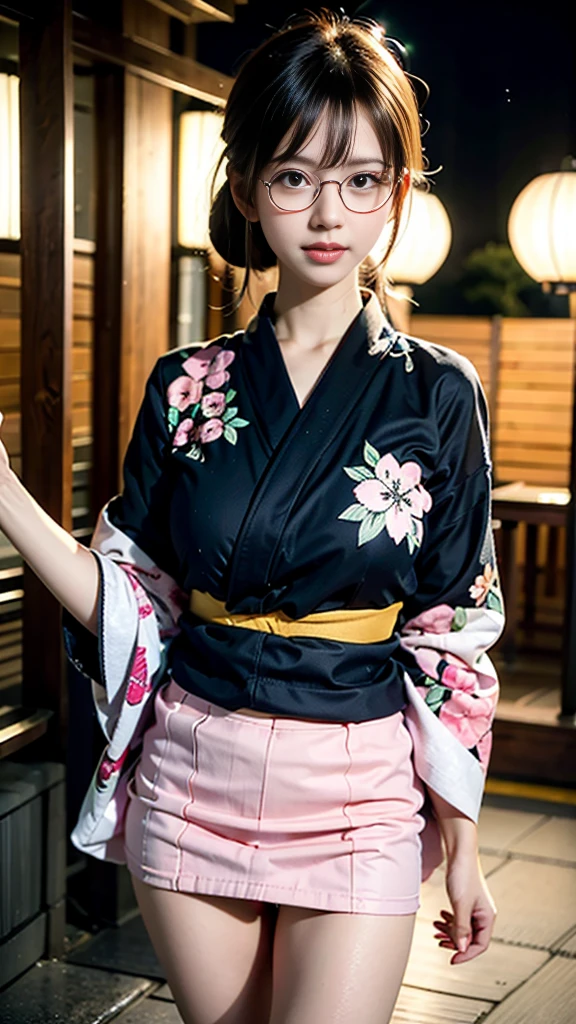 (masterpiece, highest quality:1.4), Beautiful Face, 8k, 85mm, Absurd, (Miniskirt floral yukata:1.4), Face close-up, violet, Gardenia, Delicate girl, alone, night, View your audience, Upper Body, Film Grain, chromatic aberration, Sharp focus, Face Light, Professional Lighting, Sophisticated, (smile:0.4), (Simple Background, Bokeh Background:1.2), detailed aspects,(((Show one breast:0.57))),((Very young and immature & Very large breasts:0.4),(Pink fashion glasses,1),(Showing anus from the front:0.2),(skirtlift),(Beautiful pussy line),(Miniskirt kimono)