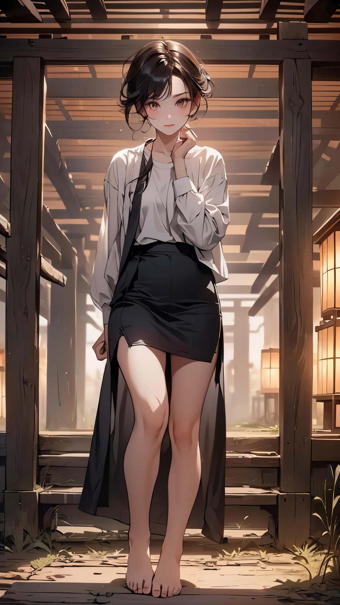 ((Biologically correct limb count))、((A photo including everything from your toes to your face))、4K、masterpiece、((Focus on the face))、((Symmetrical facial features))、Beautiful woman、Excellent style、Facial detailing、((shirt)、skirt)、Abandoned Japanese Village Background、A lonely look、