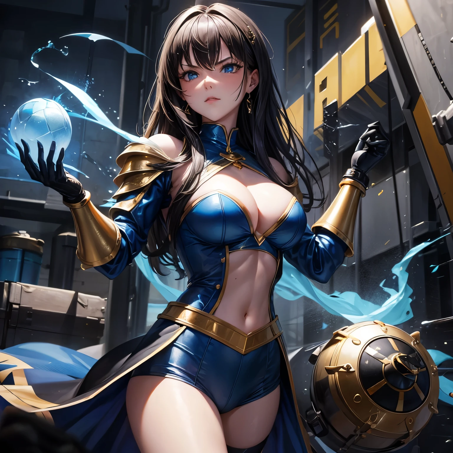 4K, masterpiece, high resolution, absurd,, edgThunderball, a woman with a blue and gold armor ,wearing edgThunderball_armor, charged, Thunderball,