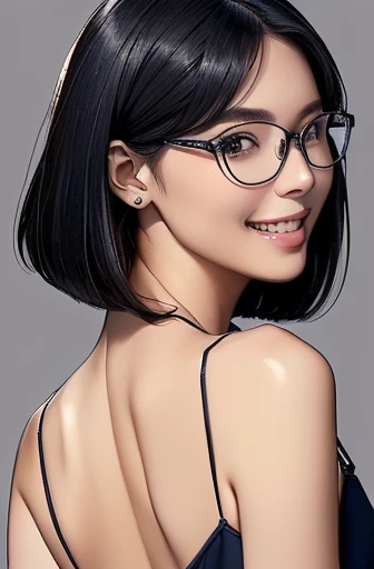 (masterpiece), (8k, best quality, high resolution), (ultra-detailed, realistic), (anatomically correct),
((Portrait)), (Standing), (((looking back))), (No background),
(1woman), (looking at viewer), (show your back),
(A Japanese woman, 30 years old and 155cm tall.),
(black hair), (straight hair), (short hair style), (bob cut), (hair behind ears),
(wear glasses), ((black cell frame glasses)),
((Wear a navy blue spaghetti strap dress)),((Mini length dress with a simple design and minimal decoration)),
(Create a detailed image of the eye),
(Her impression is pure, clean and kind.),
((A captivating smile, just showing a few teeth.)),