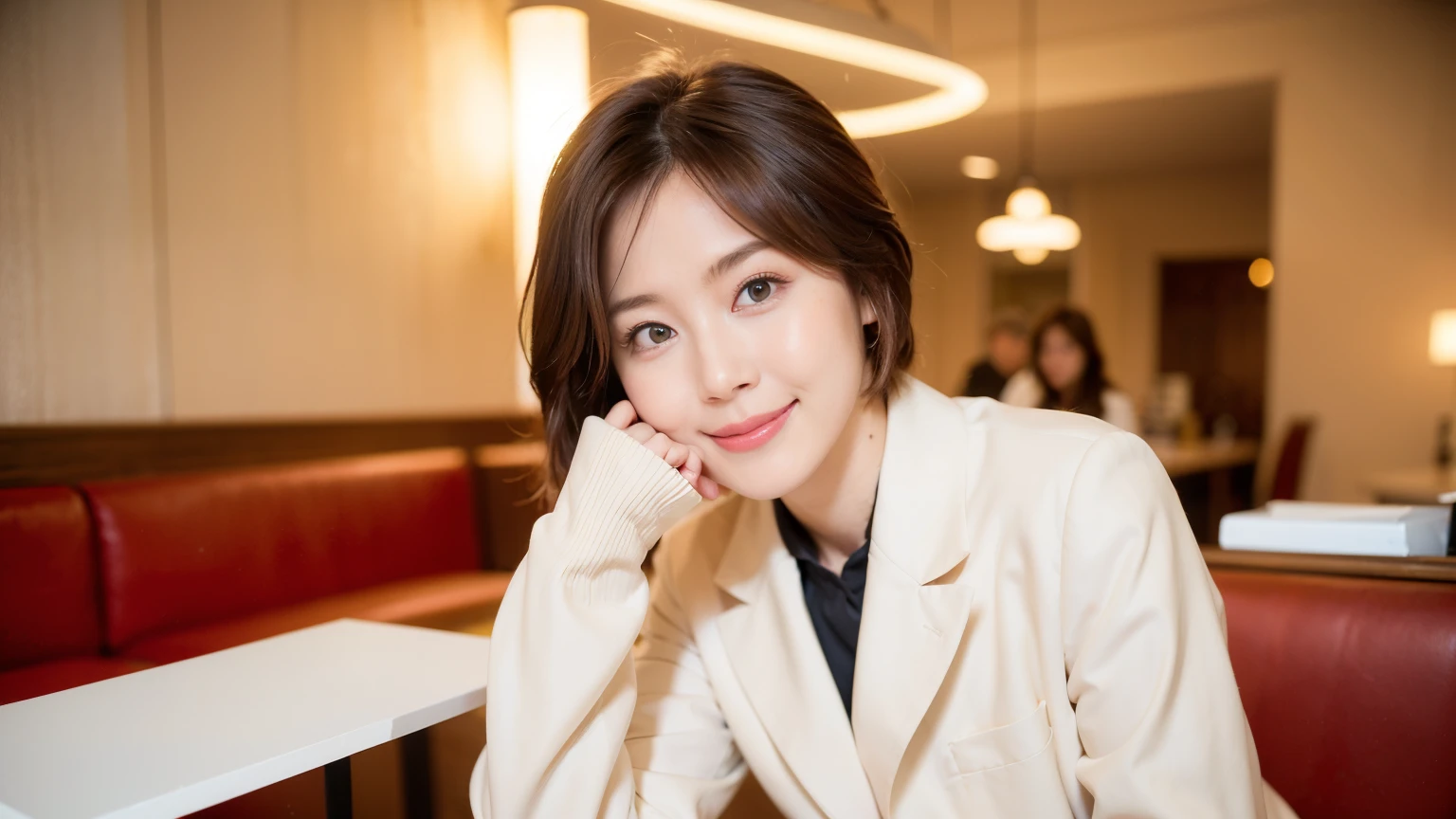 (最high quality、8k、32k、masterpiece:1.2)、A photo of a female college student who looks like a cute model、Normal breasts、Short Bob Hair、Upper Body、Face Focus、Extra Large_sweater、necklace、Looking at the audience、background a trendy coffee shop with a unique aesthetic and atmosphere. Incorporate elements like modern furniture, Artistic decoration, and ambient lighting to enhance the ambiance. People who enjoy drinks々Consider including, engaging in conversation, or quietly working on laptops. Let your creativity flow、In this chic café setting「StableDiffusion」Let the idea come to life, I can see that other customers are enjoying it too...。Inside the cafe、The staff are busy working at the counter..、Feel the vibrancy and warmth of an urban café..., Sharp focus, 1 girl, Sexy 1.2, Brown Hair, With bangs, Beautiful Eyes, 切れ長のBeautiful Eyes, double eyelid, (Cat face), (cute Face), cute Smile, (Shut your mouth.), (cute), Soft Skin, Surreal, Very detailed, high quality, (Beautiful female college student with short hair studying in a cafe), ((Detailed very cute college girl),