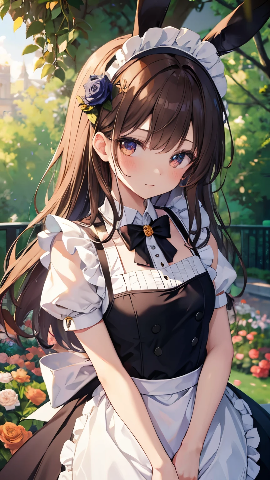 (brown hair), hair one side up, from below, ((rabbit ears)), maid headdress, (((masterpiece))), ((textured skin)), (((high details))), highres, cute, lovely, maid, apron dress, ((rose garden)), sunlight