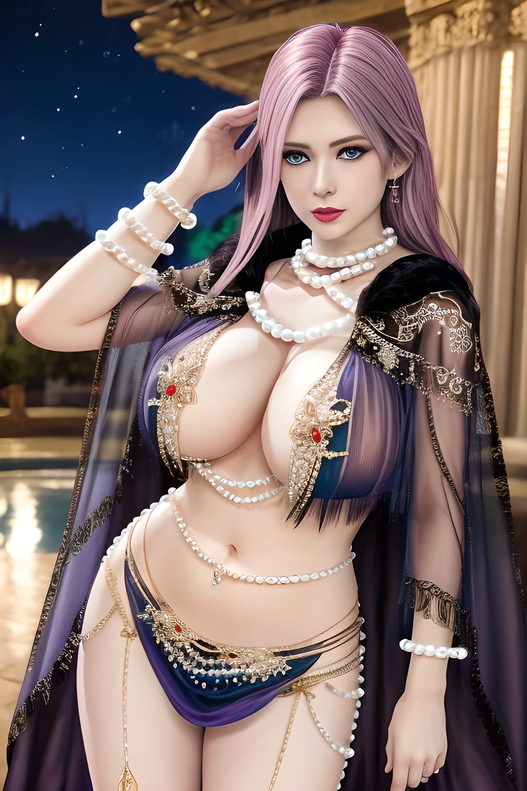 1 girl,lean over ,(Wearing Ice-crystal embellished dress:1.2) ,(Wearing Jewel:1.2) ,( lace_cloak:1.3),(Fluffs ),(pearl bodychain:1.3),mesh pantyhose,outdoor,elegant,nighttime,moonlighe,shiny skin,( huge breasts), lip gloss,tattoos, masterpiece, best quality, realistic ,Surrealism,natural colors art in 8k,soft shadows,High-definition RAW color photos professional portrait photos,solo,  elise,