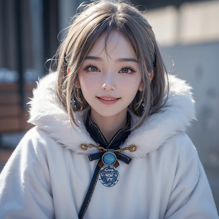snow mountain、 ((highest quality、masterpiece、8k、best image quality、ultra high resolution、Award-winning work)、(accurate anatomy:1.1)、(look at me and smile:1.1)、Shining fair skin with ultra high resolution、most detailed face、ultra high resolution detailed face、white short hair blowing 、(ultra high resolutionの煌めく瞳:1.1)、Beautiful face drawn in every detail、(blurred background:1.1)、warm Inuit clothing, tattoo, real wolfs beside 
