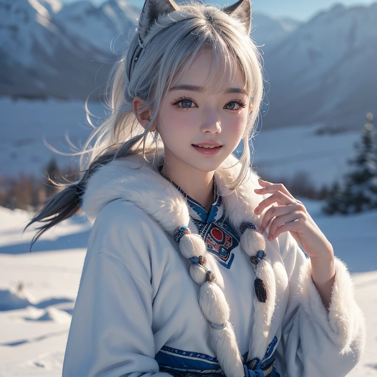 snow mountain、 ((highest quality、masterpiece、8k、best image quality、ultra high resolution、Award-winning work)、(accurate anatomy:1.1)、(look at me and smile:1.1)、Shining fair skin with ultra high resolution、most detailed face、ultra high resolution detailed face、white short hair blowing 、(ultra high resolutionの煌めく瞳:1.1)、Beautiful face drawn in every detail、(blurred background:1.1)、warm Inuit clothing, tattoo, real wolfs beside 
