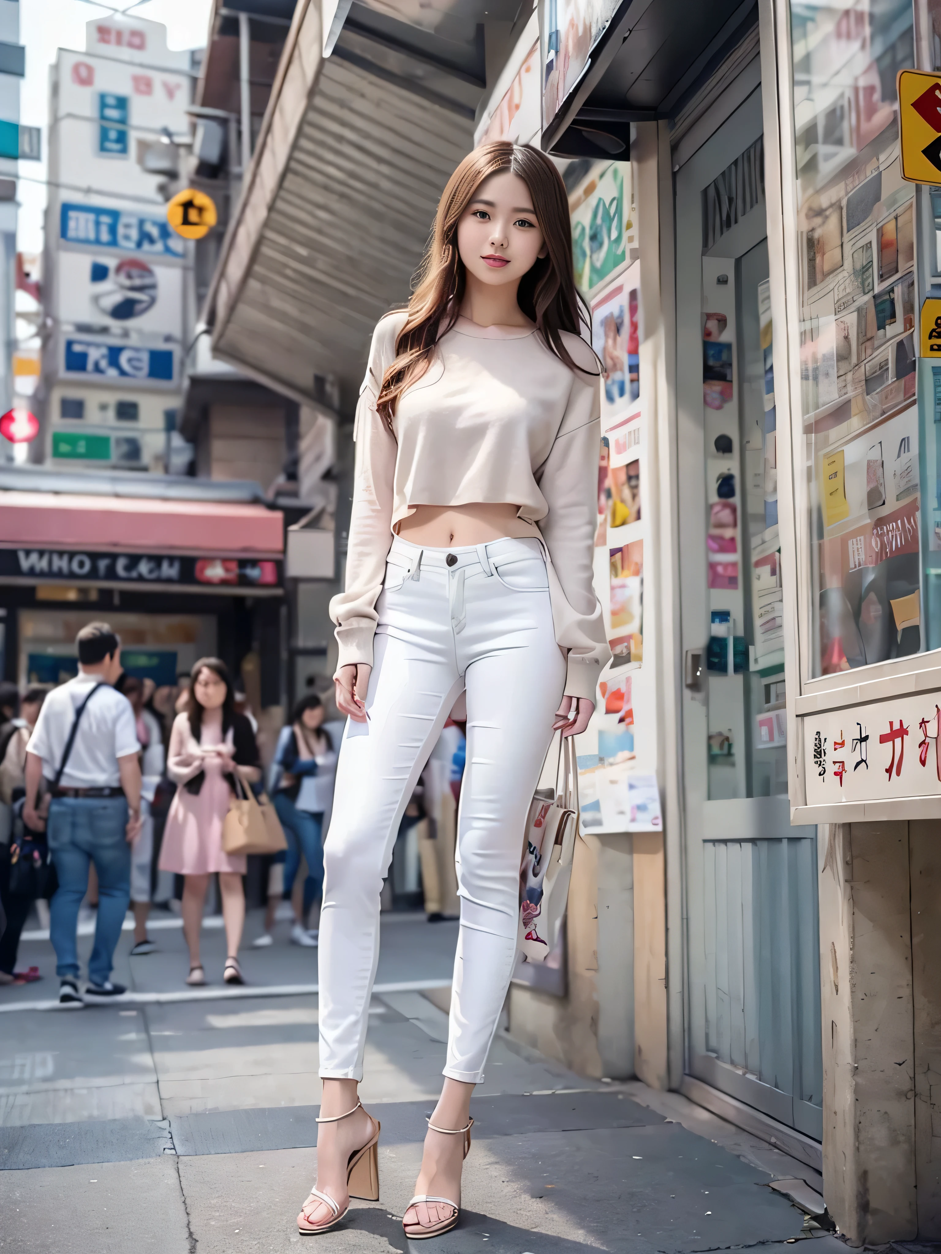 ((Realistic、highest quality、Natural light on a sunny day、Clear focus))、With a girl、Perfect figure、Narrow waist、Black Hair、Layered Cut、Pink long sleeve buttoned shirt and white tank top、High heel sandals、America's bustling city streets、Blur the background、14 year old high school student、Japanese, Commuting、Luxury brand bags、(Exquisite face、Big blue eyes、double eyelid、The most beautiful woman、Exquisite face)、Sexy、smile、Hilarious、Long legs、Soft denim、Pichi Pichi Skinny、Beautiful ass、Long limbs、protruding round buttocks、walk、((White tight pants、White Denim Skinny、Low rise、Natural gait)), Cowboy Shot,