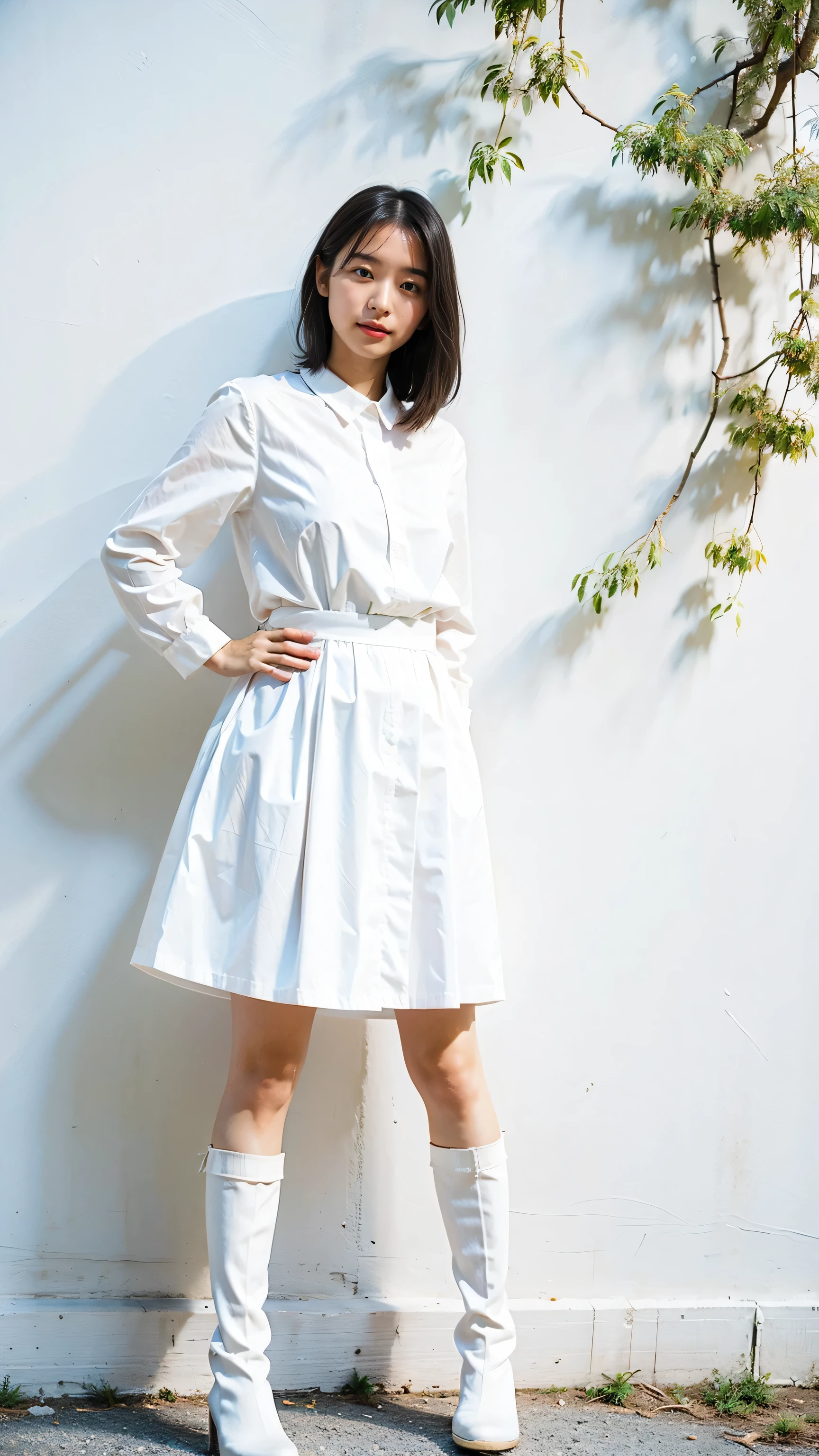 (8k、RAW Photos、highest quality、masterpiece:1.2)、(Realistic、Realistic)、1 girl、((White dress、smile、Check mini skirt、Knee socks、See-through、boots、Large Breasts、View from the front、Dark City、Spotlight、Standing with hands on hips))、Lots of eyelashes、Glowing eyelids、skeletally correct