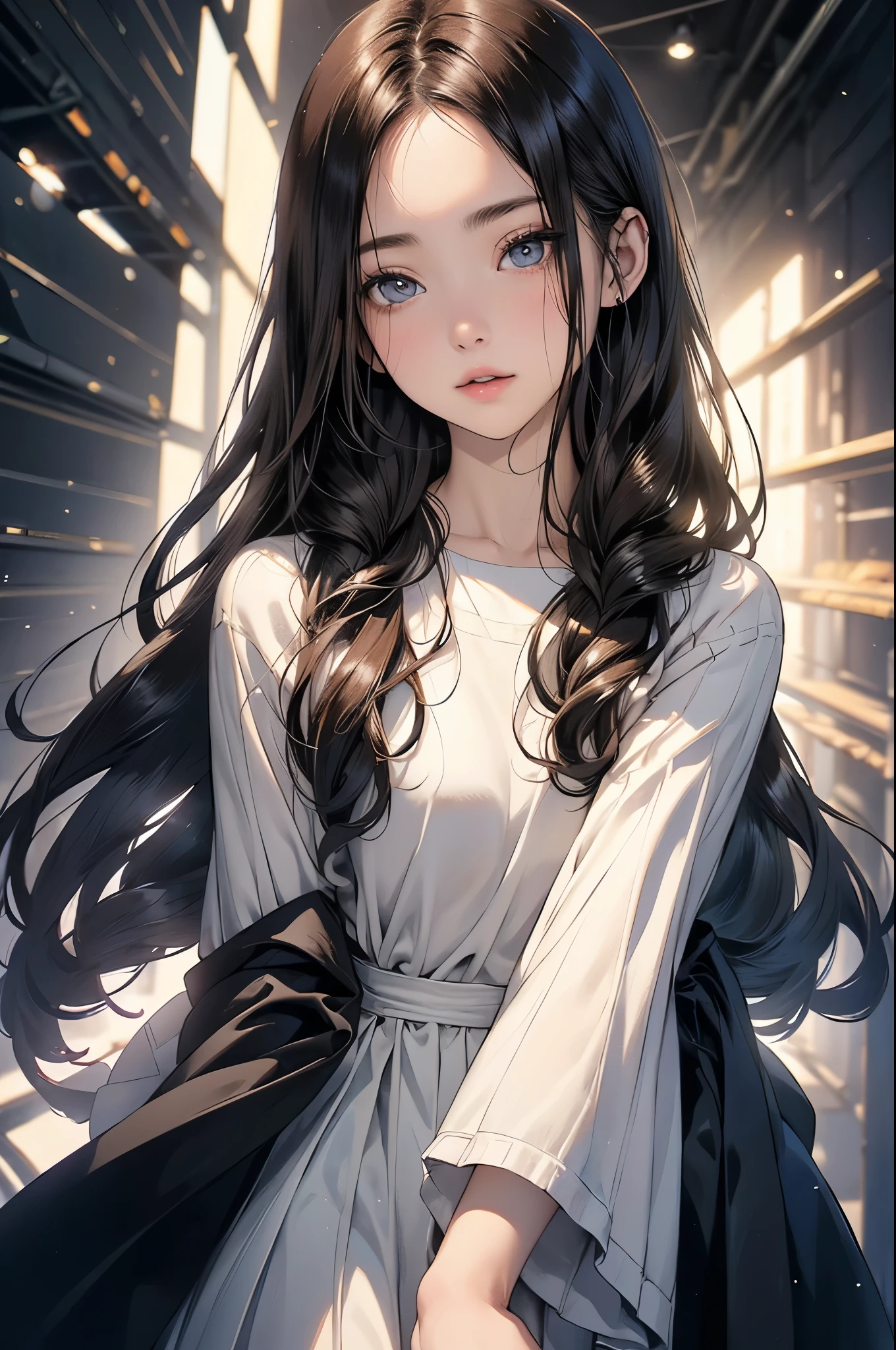 ((Biologically correct limb count))、(( A full-body illustration from toes to face))、4K、Masterpiece、((Eyes with delicate depictions、Detailed depiction of faces、Focus on the face))、((Symmetrical, well-proportioned facial features))、Beautiful school girl、Slender Body、(Black shirt、skirt)、Looking up、Low - Angle、((Walking posture))、Brown Hair、(((Close-up photo of the upper body)))