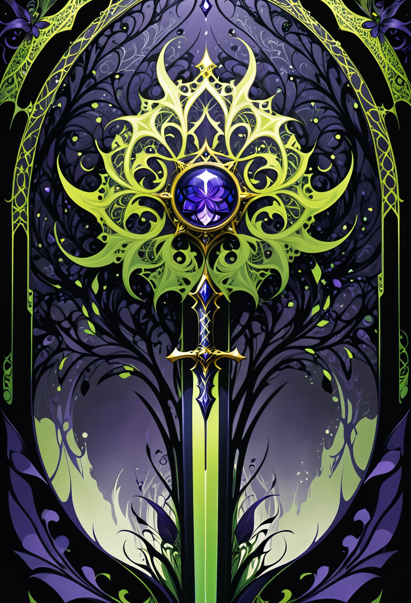 in style of Aubrey Beardsley,(Mysterious Landscape),[suspenseful],Fantasy,Dark,shadowy,atmospheric,dark colors,(A miracle stone showing modern technological patterns),(demon crown:1.3),(heavy sword with a dangerous aura:1.2),(transformed by future technology:1.2),(dodgerblue,greenyellow,darkorange,mediumvioletred,color palette:1.2),(fractal art:0.9),