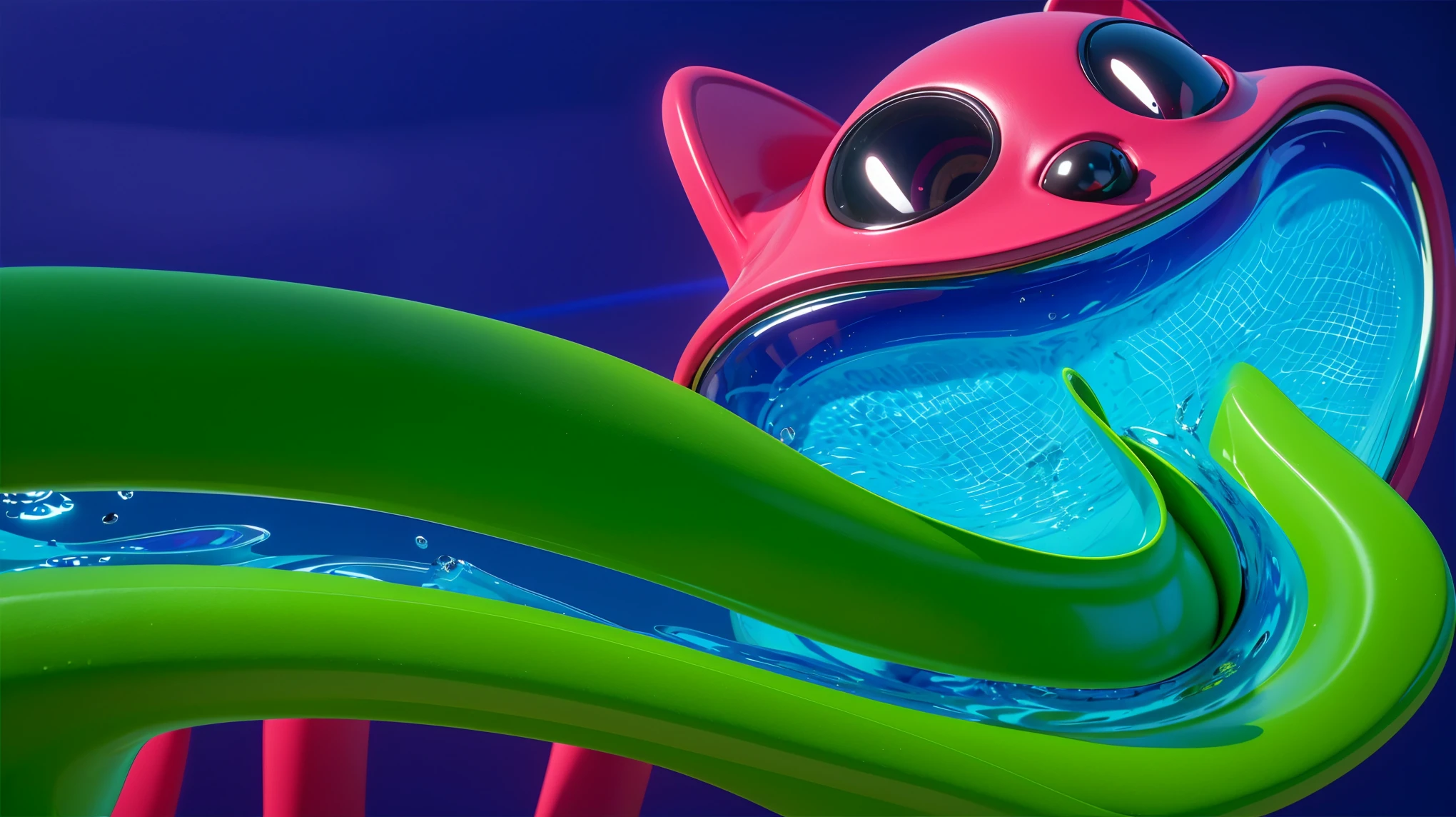 A purple cat character with a pool of water in his mouth lies on a blue platform and looks up at a green water park slide. The image depicts three houses made of fish tails, sitting on the ocean floor. The left house is green, the middle one is purple, and the right one is orange. 3d underwater world algae sand. The image depicts a 3D rendered illustration of a boy and a girl with their hands shaped in the shape of a heart. They are both smiling and have red hair. The background is blue. cartoon characters stand next to each other, Electricsbunny, Holographic creatures, Beeple and Jeremiah Ketner, 🐋 as 🐘 as 🤖 as 👽 as 🐳, matte, Rabbids, cute 3D rendering, 3D icon for mobile game, robot rabbit, Shiny metallic, 3D персонажи violet cat toy, toy cat laying on glossy , glossy texture, smooth 3d model, multiple light sources, rim light, sharp post effects render, (glossy  big light probe refractions), perfect cgi, cgi art created only with gradients, smooth silhouette, high intensity refraction, (metalic), most beautiful vfx, blue background