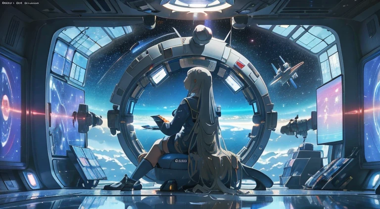 a woman watching TV On the space station, Anime Style, girl in space, On the space station, Anime Style, Sitting in a spaceship, Astronauts relaxing in space, Anime Style, The earth is outside the window, Inside futuristic space battles on TV, Anime Style, Background spaceship, Spaceships fighting in the background 