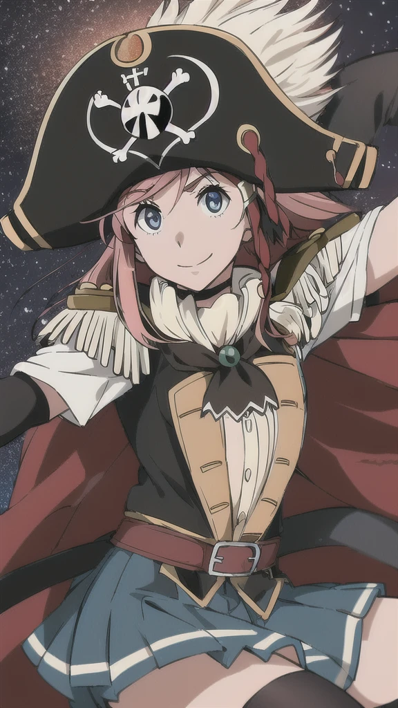 masterpiece, best quality, 1girl, smile, from front, star background, katou marika, pirate costume, pirate hat, skirt, black sox, falling down, fetal position