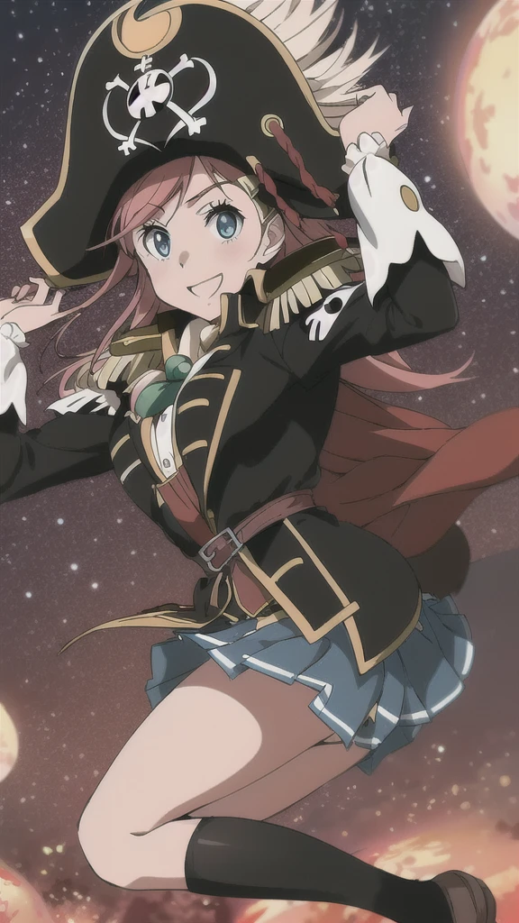 masterpiece, best quality, 1girl, smile, from front, star background, katou marika, pirate costume, pirate hat, skirt, black sox, falling down, fetal position