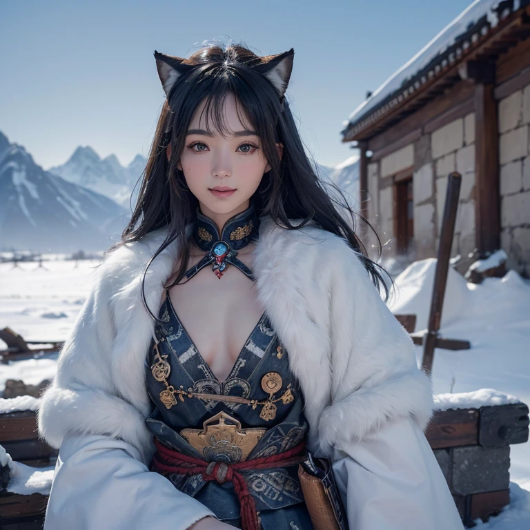 Hide in the snow mountain、Hair flows、 ((highest quality、masterpiece、8k、best image quality、ultra high resolution、Award-winning work)、(accurate anatomy:1.1)、(look at me and smile:1.1)、Shining fair skin with ultra high resolution、most detailed face、ultra high resolution detailed face、ultra high resolutionの髪の毛、(ultra high resolutionの煌めく瞳:1.1)、Beautiful face drawn in every detail、(blurred background:1.1)、ancient Inuit clothing, chest together, tattoo, Old ruins in the background、real wolf aside