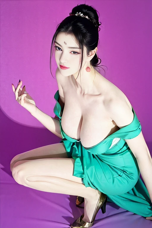 (Very large round breasts: 1.6), (Full body: 1.3), very delicate and beautiful, masterpiece, highest quality, ultra high resolution, 16k, photorealistic, ultra detail, narrow eyes, 1 girl, all white, forehead, black hair , solo, ((very voluptuous glamor)), narrow slit eyes, dark eyes, sparkling eyes, black hair, gloves, dress, luxurious jewelry, earrings, piercing eyes, elbow grooves, hair tied back with hands raised, transparent Demi - cup off-shoulder bra in random colors, transparent short dress in random colors, long eye makeup, narrow eyes, smile, lipstick, complex petal pattern, rim light, backlight, pastel color, studio lighting.