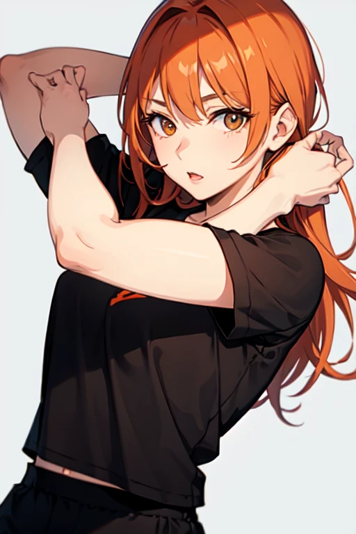 Thirty-year-old woman, orange hair with black shirt and pants. Flores  Fondo blanco 