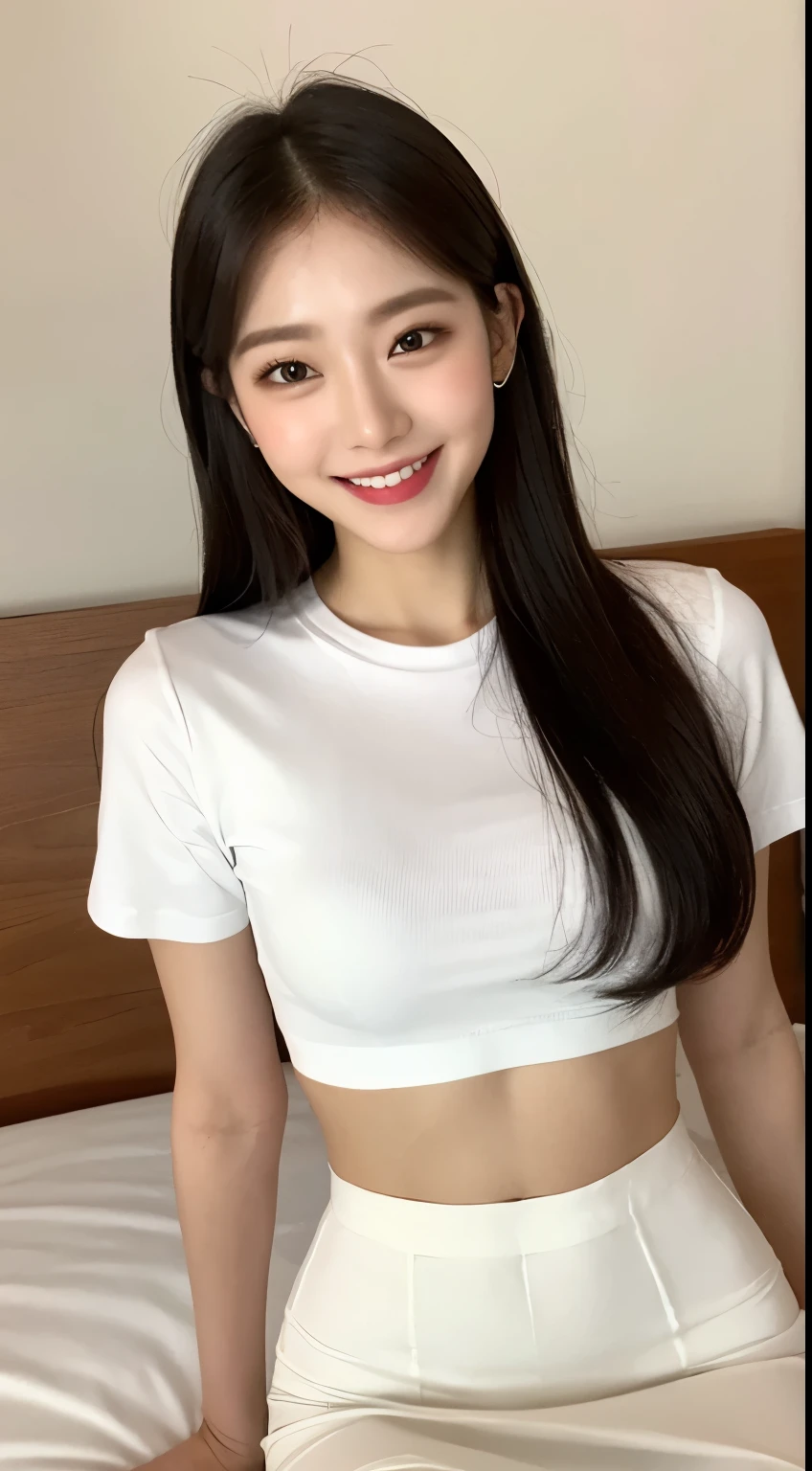 White tight shirt、White tight mini skirt、bed、smile、Short sleeve、high resolution、Korean idol face、double eyelid、White teeth