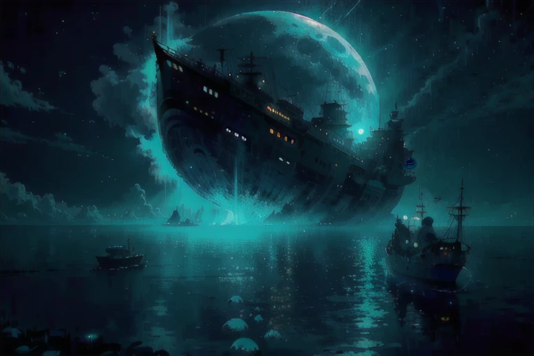 Fantasy, Light, magic, anime film vaporpunkai, giant ship,moon, moonLight, vapor, Cityscape, Dark Theme, Ocean,Ocean,port,