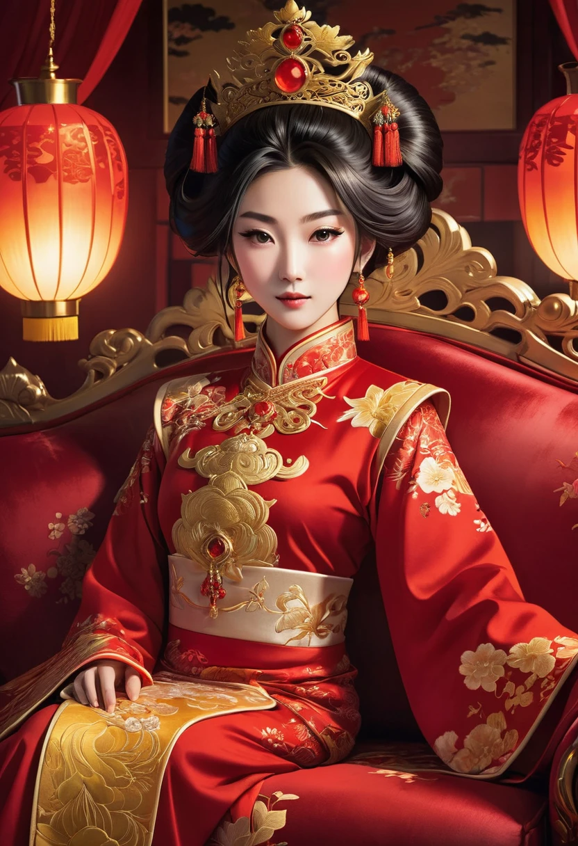 A stunning anime-inspired poster of a Chinese royalty, featuring a radiant woman in a captivating red and gold traditional dress. The crown atop her head adds to her regal elegance, while she gracefully sits on a plush red couch. The room has a mysterious, dimly lit ambiance, with a single red lamp casting a warm glow that intensifies the scene's allure. The overall design is a perfect blend of traditional and anime aesthetics, evoking a sense of royal grandeur and enchantment., anime, poster