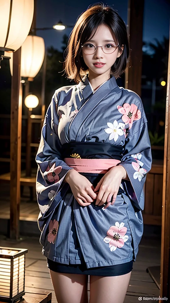 (masterpiece, highest quality:1.4), Beautiful Face, 8k, 85mm, Absurd, (Miniskirt floral yukata:1.4), Face close-up, violet, Gardenia, Delicate girl, alone, night, View your audience, Upper Body, Film Grain, chromatic aberration, Sharp focus, Face Light, Professional Lighting, Sophisticated, (smile:0.4), (Simple Background, Bokeh Background:1.2), detailed aspects,(((Show one breast:0.57))),((Very young and immature & Very large breasts:0.4),(Pink fashion glasses,1),(Showing anus from the front:0.2),(skirtlift),(Beautiful pussy line),(Miniskirt kimono),(Embarrassed and crying),(Embarrassed and peeing),