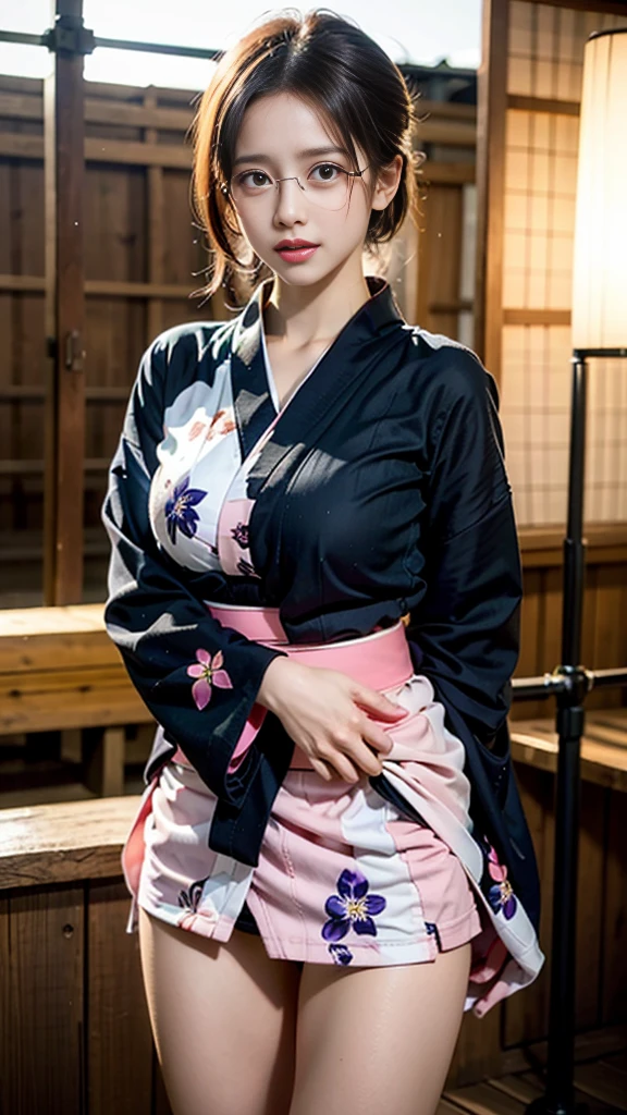 (masterpiece, highest quality:1.4), Beautiful Face, 8k, 85mm, Absurd, (Miniskirt floral yukata:1.4), Face close-up, violet, Gardenia, Delicate girl, alone, night, View your audience, Upper Body, Film Grain, chromatic aberration, Sharp focus, Face Light, Professional Lighting, Sophisticated, (smile:0.4), (Simple Background, Bokeh Background:1.2), detailed aspects,(((Show one breast:0.57))),((Very young and immature & Very large breasts:0.4),(Pink fashion glasses,1),(Showing anus from the front:0.2),(skirtlift),(Beautiful pussy line),(Miniskirt kimono),(Embarrassed and crying),(Embarrassed and peeing),