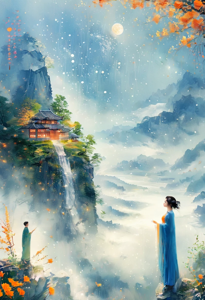 Cai GuoRUN's illustration style, 1girl, A woman in a long dress stands on a cliff and looks up at the starry sky, Goddess of space, Milky Way Goddess, Goddess of Heaven, Astral ethereal, dream, Beautiful Celestial Mage, Beautiful fantasy painting, Beautiful fantasy art, Ethereal fantasy, Beautiful fantasy art, Digital Art Fantasy, Charming and otherworldly, Fantasy Beauty, Beautiful Art by Octane，Ultra HD，Volumetric Light，Natural soft lighting, (Ultra-delicate:1.2, lose focus:1.2, colorful, Cinema Lighting, Chiaroscuro,Ray Tracing), masterpiece, Super rich,Ultra Detailed,8k, 1cgrssh1