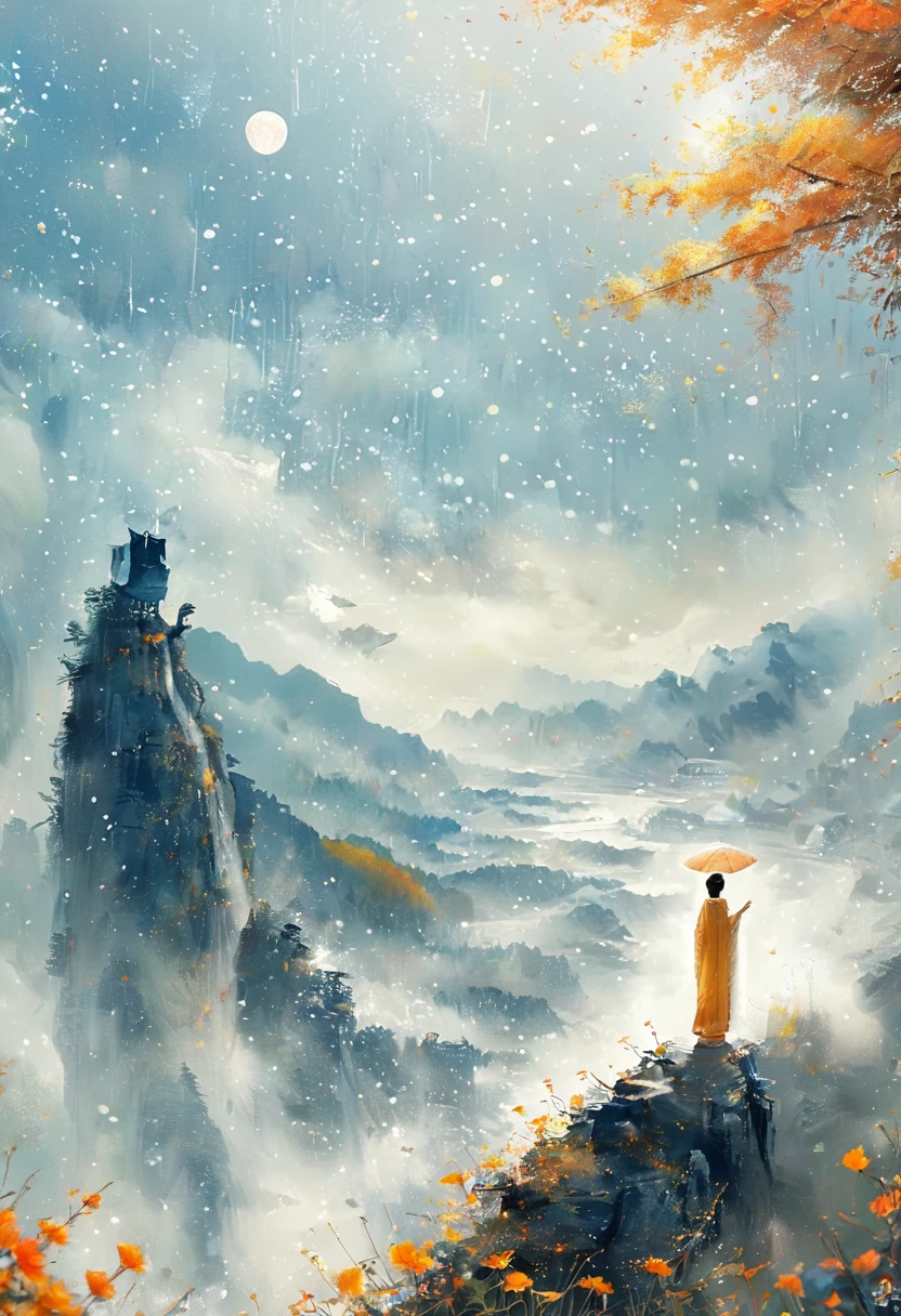 Cai GuoRUN's illustration style, 1girl, A woman in a long dress stands on a cliff and looks up at the starry sky, Goddess of space, Milky Way Goddess, Goddess of Heaven, Astral ethereal, dream, Beautiful Celestial Mage, Beautiful fantasy painting, Beautiful fantasy art, Ethereal fantasy, Beautiful fantasy art, Digital Art Fantasy, Charming and otherworldly, Fantasy Beauty, Beautiful Art by Octane，Ultra HD，Volumetric Light，Natural soft lighting, (Ultra-delicate:1.2, lose focus:1.2, colorful, Cinema Lighting, Chiaroscuro,Ray Tracing), masterpiece, Super rich,Ultra Detailed,8k, 1cgrssh1