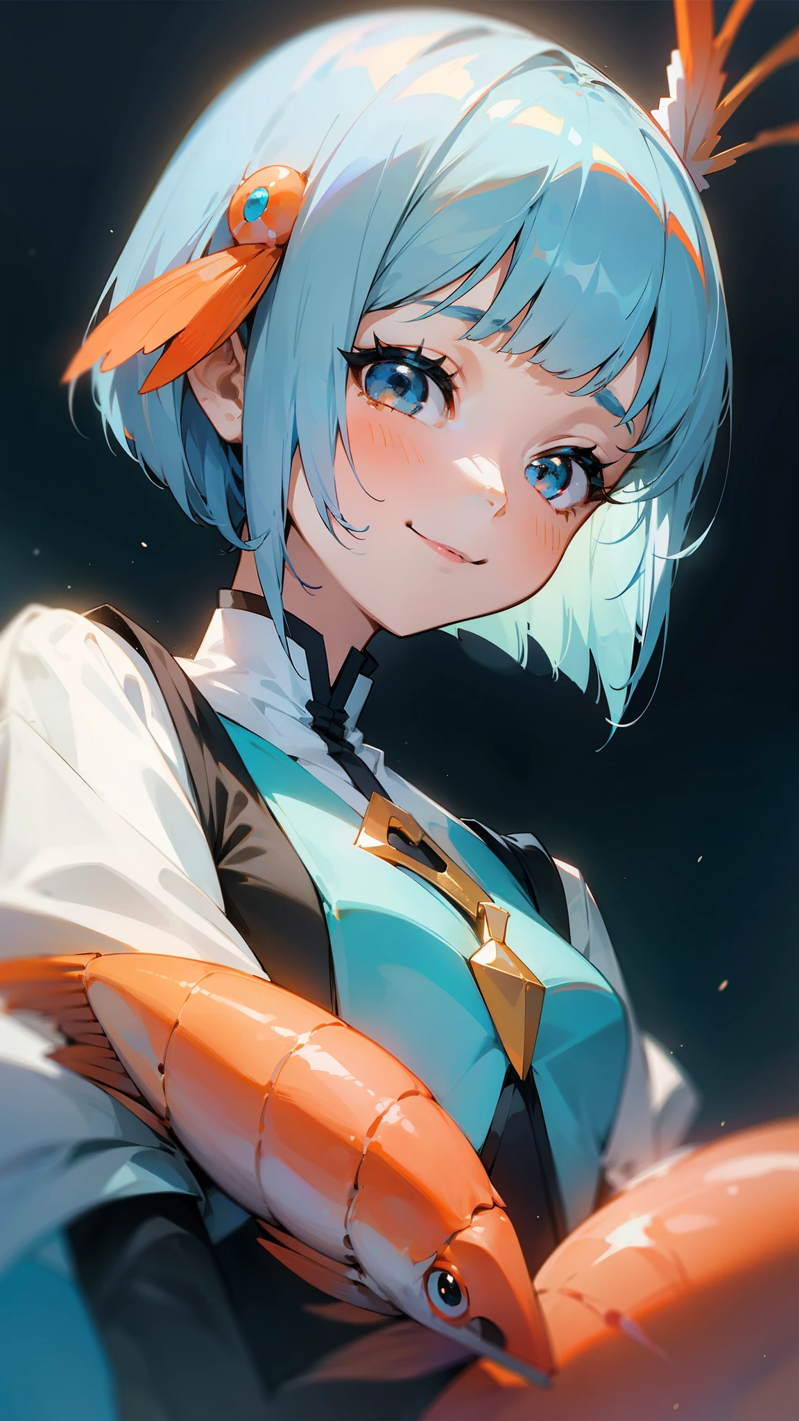 1 Girl、Light blue hair、Bobcut、Orange hair ornament、Dark Eyes、smile、Upper body close-up、Side body、Phantom of the Shrimp