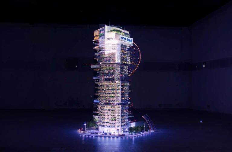 CREATE A BUILDING LOCATED IN SINGAPORE AND THAT MAINTAINS THE HEART OF THE CITY WITH THE SHAPE OF THE IMAGE, WHERE CIRCULATION SPACES, WINDOWS, DOORS, VISUAL CONTEXT SUCH AS STREET, CARS, LANDSCAPE, PEOPLE, ARE CLEARLY SEEN.