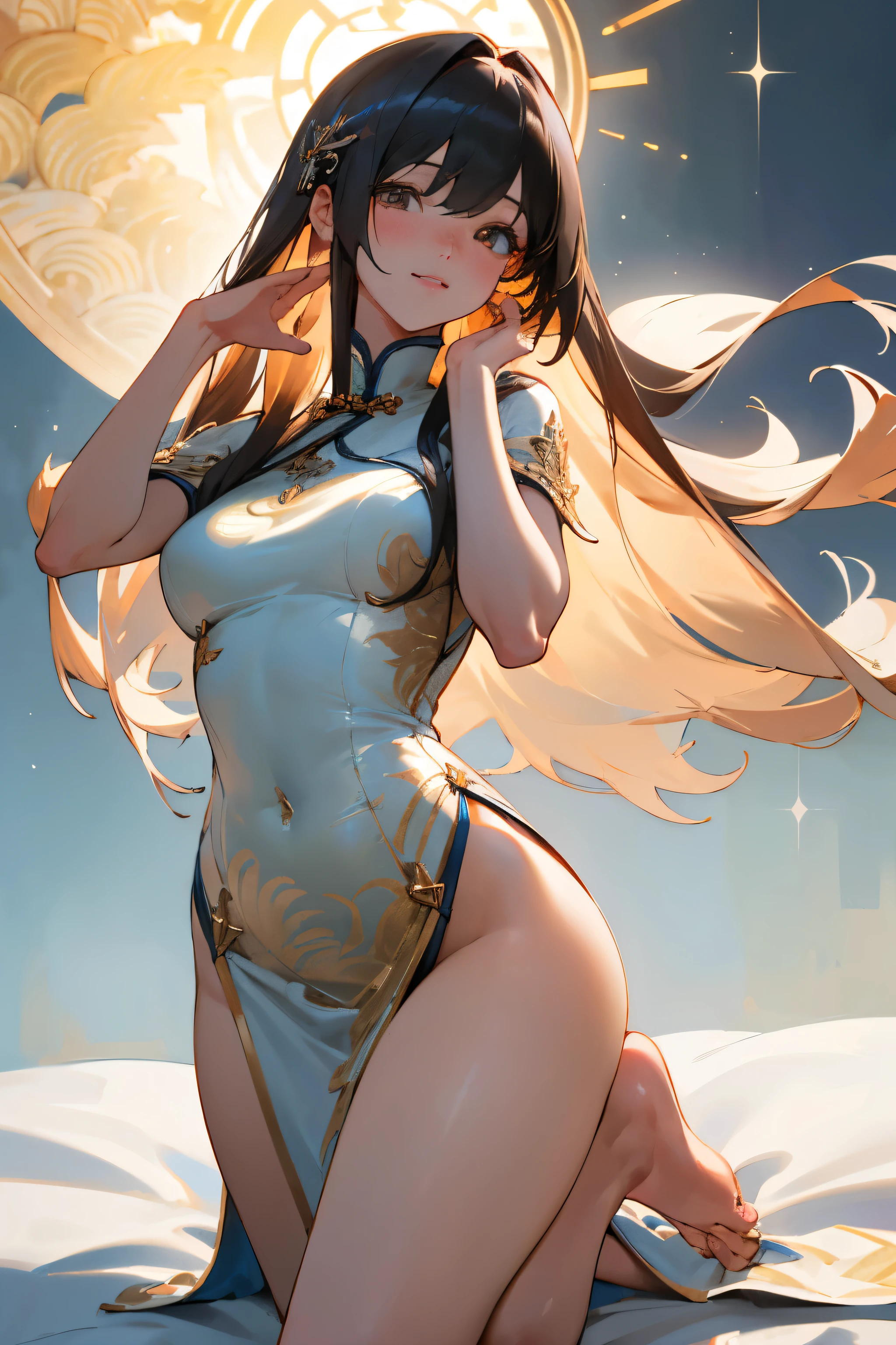 (Realistic:1.3), (masterpiece:1.2), (photoRealistic:1.2), (highest quality), (Detailed skin:1.3), (Intricate details), Ray Tracing,One girl, 19 years old, Detailed skin texture, (blush:0.5), Scattered beneath the surface, smile, Straight Hair, Long Hair, bangs, Hair between the eyes, Reduces hair volume, Shining Eyes, Lens Eye, Light reflection in the eyes, Symmetrical eyes, looking at the camera, hair ornaments, Close-fitting clothing, Wearing edgJF_China dress, Side slits, (China dress), Two arms, Five fingers, Two joints in the fingers, Fingers are roughly parallel, barefoot, Depict the whole body