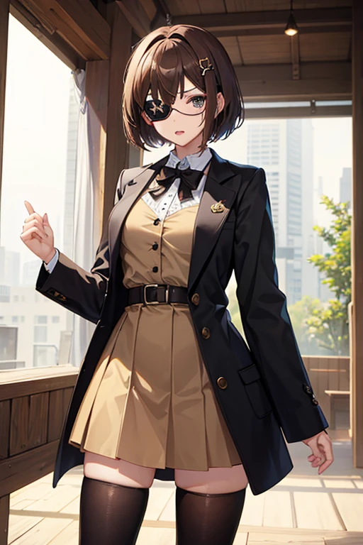 A15yo girl,light_brown short_bob hair,hite_blouse,eyepatch on left eye,troll face,zettai ryouiki,