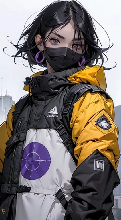 roxo: 1.5, laranja: 1.1, Branco: 1.3, amarelo: 1.3, (garota rapper com cabelo pavor), tatuagens, (roupas puffer do poder: 1.2), flor, folhas, mistborn, linhas, background circles, purple clothing.