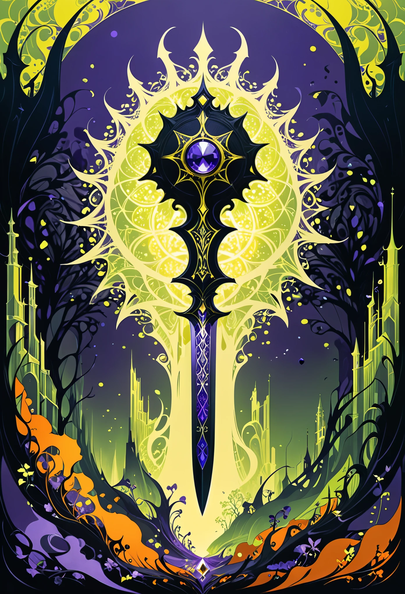 in style of Aubrey Beardsley,(Mysterious Landscape),[suspenseful],Fantasy,Dark,shadowy,atmospheric,dark colors,(A miracle stone showing modern technological patterns),(demon crown:1.3),(heavy sword with a dangerous aura:1.2),(transformed by future technology:1.2),(dodgerblue,greenyellow,darkorange,mediumvioletred,color palette:1.2),(fractal art:0.9),