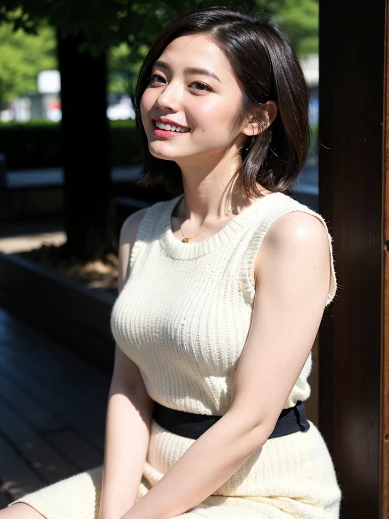 ((8K:1.27)、top-quality、masterpiece、超A high resolution:1.2)Photo Beautiful Japan woman(pleasing:1.1) (The shirt:1.21) Elegance、There is a good、Gradient lighting、1girl in、Delicate skin、Look here、Brown-eyed、(short hair with bangs:1.2)、(breasts are large:1.0)、(medium areola:0.8)、(realisitic:1.4)、(top-quality:1.0)、(超A high resolution:1.0)、8K、to stand、erect through、Raw photography、(masterpiece:0.2)、(pureerosface_v1:0.5)、 Solid Round Neck Knit Top、Sheath Sloop Skirt、Sleeveless、a necklace、Kamimei、date、excited expressions、Red cheeks、want me、Staring at this、subject、Lean、firm cheeks、Look here、Laugh、Futomo、sandal、Beautiful thighs、Kinda chubby、Beautiful thighs、Angle from the front、Composition looking up from slightly below.、Upright directly in front of the camera、The city of Ginza、Street Trees、early evening、westering sun、
