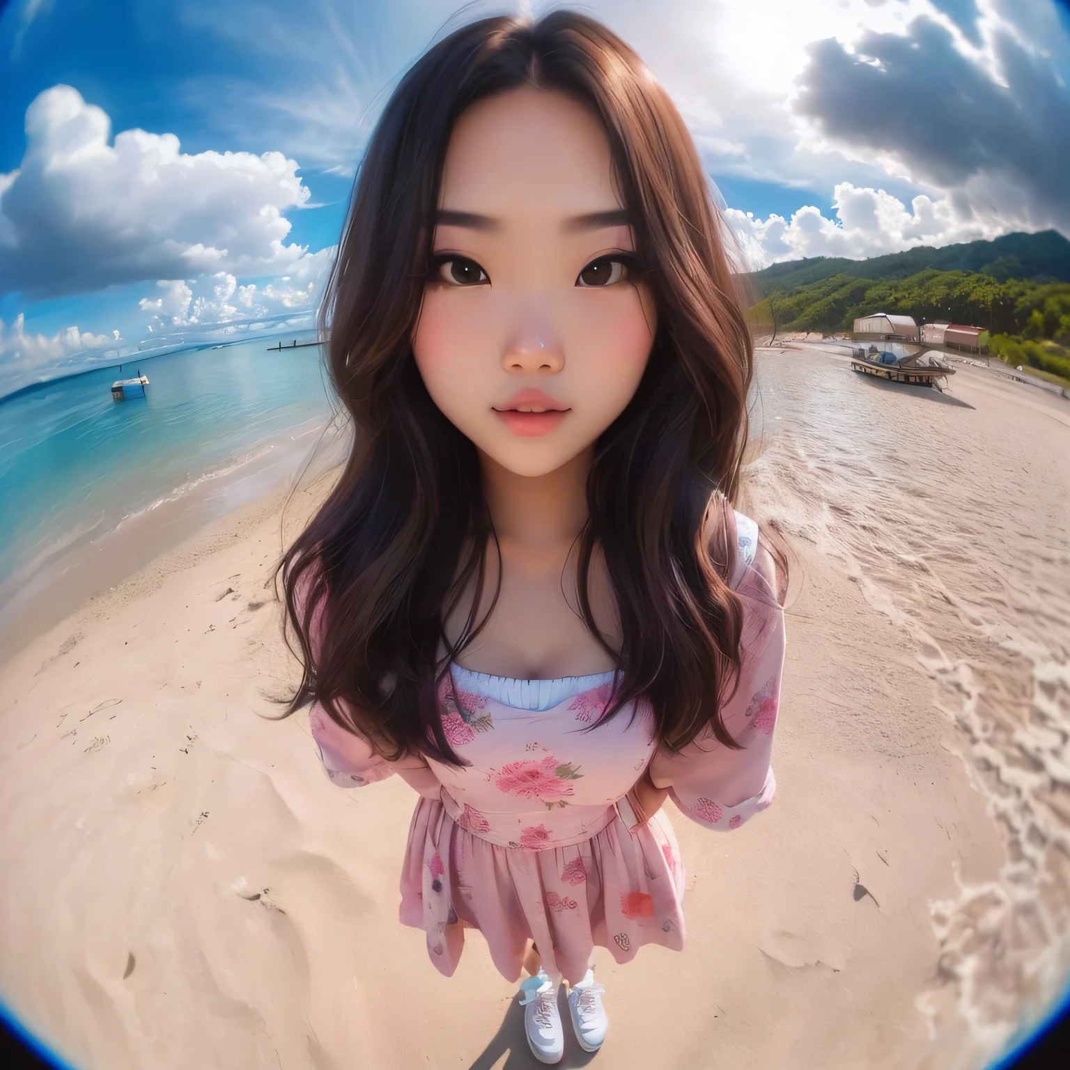 a close up of a girl with long hair on a beach, 8k selfie photograph, taken on go pro hero8, wide - angle portrait, wide angle dynamic portrait, wideangle portrait, selfie shot straight on angle, shot on gopro9, fisheye portrait, selfie photography, ulzzang, instagram model, ruan cute vtuber, cute woman