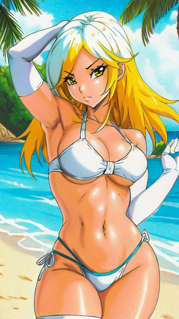 swimwear feminine face seducing, elbow gloves, (white bikini), white socks, (yellow hair)