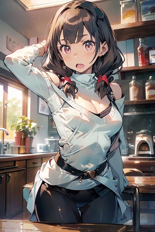 masterpiece, yor, 1girl, Amazing Cleavage:1.3, thin waist, big ass, Raised sexy, medium breast: 1.8 posed cleavage:1.2、solo, looking at viewer, open mouth, have a cup of coffee,black hair, red eyes, dress, bare shoulders, jewelry, collarbone, sidelocks, hairband, earrings, indoors, off shoulder, :o, sweater, arms behind back, plant, short hair with long locks, white hairband, off-shoulder dress, sweater dress, off-shoulder sweater, red sweater, big side hair, very long side hair,is rendered in (masterpiece: 1.2, best quality), with (ultra high resolution) and an exquisite (depth of field). This masterpiece is not only visually stunning but also tells, make of cake cooking ,in the kitchen