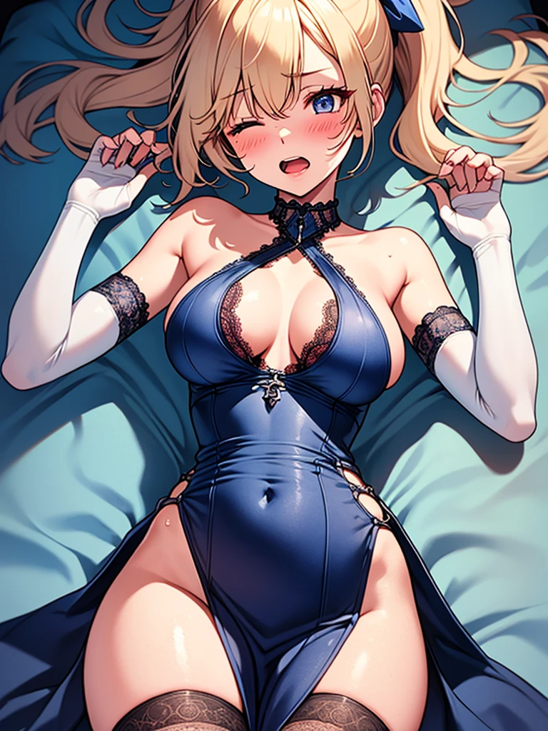 (highest quality, High resolution, perfect pixel, Depth of bounds written, 4K), (from above), hotel room, detailed eyes, (1 lady), tall, (skinny body:1.2) , (thin thighs:1.2), large , (side boob), d hair, (ponytail:1.2), (midnight blue one side slit dress:1.2), (sleeveless), cross halter, bare back, elbow gloves, (lace legwear:1.2), (lying on back:1.2), (arm up), (sad), blush, open mouth, one eye closed, sweat,
