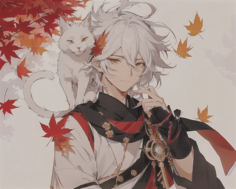 anime character with cat on shoulder and leaves in background, white haired deity, nagito komaeda, hajime yatate, inspired by Okumura Masanobu, white haired, handsome japanese demon boy, 🍁 cute, white-haired, Kazuha from genshin impact, white - haired fox, key anime art, key anime visuals, gray haired