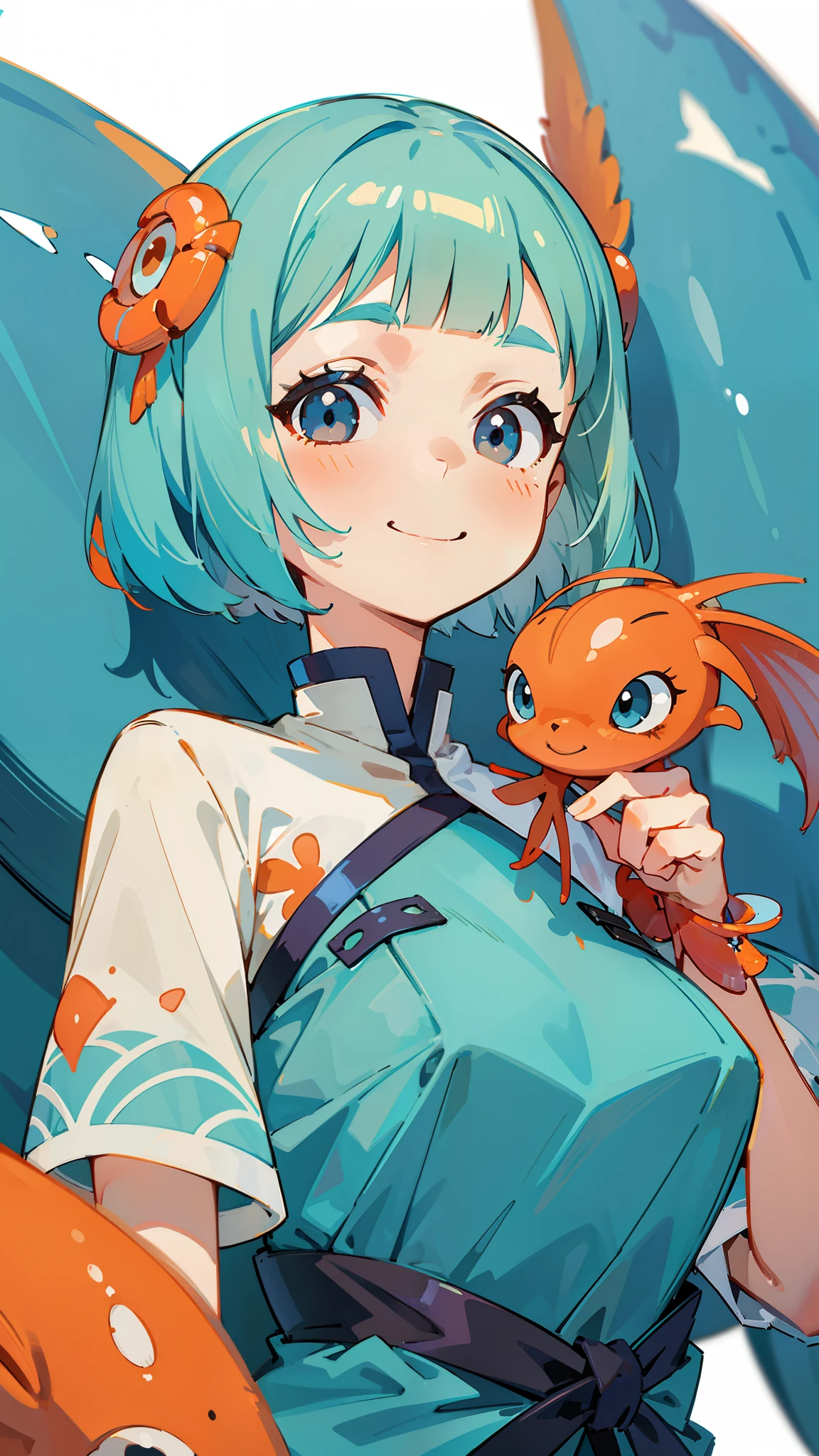1 Girl、Light blue hair、Bobcut、Orange hair ornament、Dark Eyes、smile、Upper body close-up、Side body、Phantom of the Shrimp