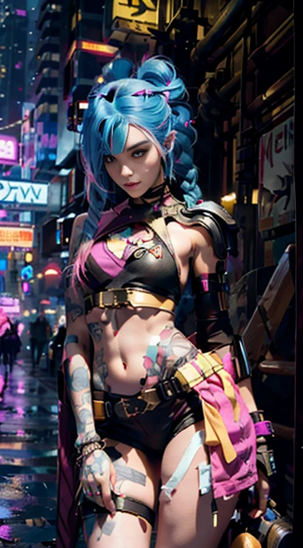 Jinx,Masterpiece, HighestQuali, Ultra-high resolution, 8K, A girl,Beauty,21yo,Fair skin, Extremely beautiful,Strong gaze, Alone,Bust portrait,Cyberpunk costumes, Extremely detailed face, Detailed eyes, mischievous grin, cheerful big breasts, Realistic photo, Completely realistic, People's Pell, Studio lighting,golden ratio body, Wide hips,Perfect legs, Big ass,Pink hair, double-bun,Blunt bangs,Orange and white clothes,d-cup breasts,In the cyberpunk city,Cyberpunk city setting,((Night)),rain,side pose,Tattoos,cheerfulness